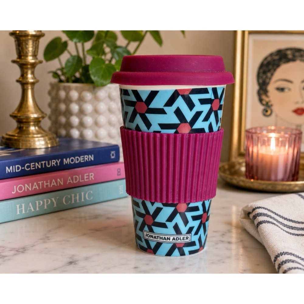 Jonathan Adler Geometric Ceramic Travel Mug Blue Pink Silicone Lid Sleeve 6in